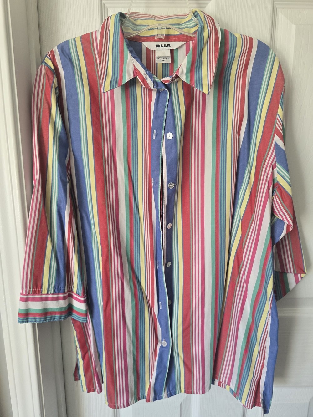 Alia Multistripe Button-Down Shirt in Red, Blue, Green, Yellow and White